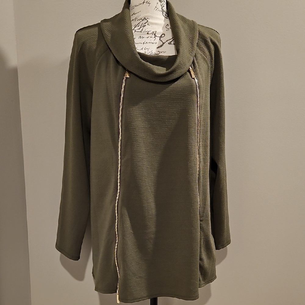 Coco Bianco Black Cowl Neck Tunic with Gold Zipper Accents XL